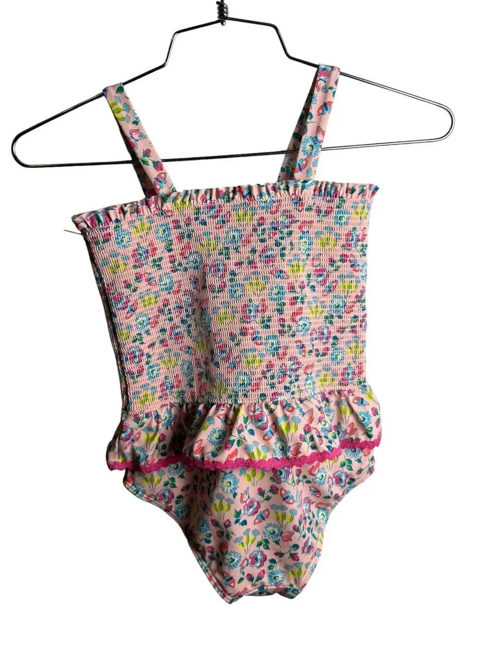 Mini Boden Peplum Smocked Swimsuit Chalk Pink Butterfly Floral 7-8Y